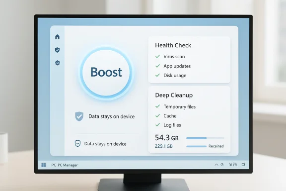 Monitor displays a PC optimization dashboard featuring Boost, Health Check, and Deep Cleanup.