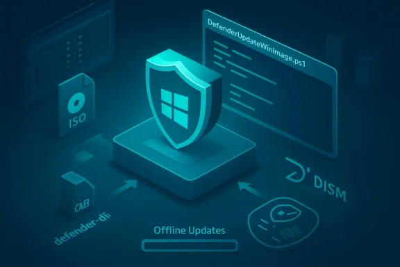 Isometric cybersecurity scene featuring a shield, Defender update script, and offline updates. Isometric cybersecurity scene featuring a shield, Defender update script, and offline updates.