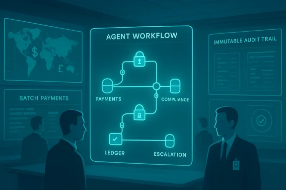 An illuminated blue dashboard showing an agent workflow with payments, ledger, and compliance.
