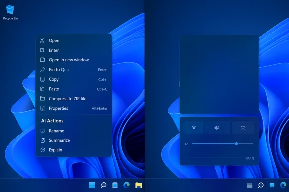 Windows 11 desktop with a left context menu and a right quick settings panel.