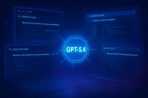 Blue holographic display centered on GPT-5.4 with connected Copilot Chat panels.