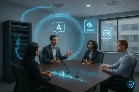 Four professionals in a futuristic conference room, surrounded by holographic blue UI projections.