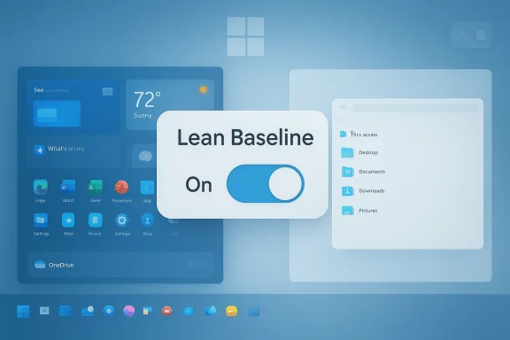 Blue UI mockup with a central 'Lean Baseline' toggle, surrounded by app tiles and folders.