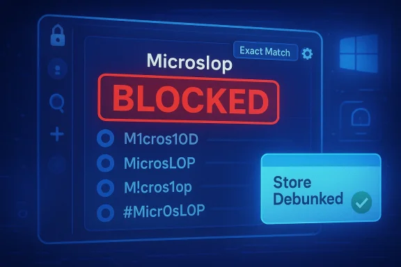 A blue UI screen showing BLOCKED for Microslop, with a Store Debunked badge.