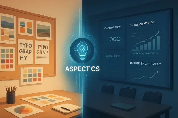 Split-screen: left shows a creative design desk; right is a blue analytics boardroom labeled ASPECT OS.