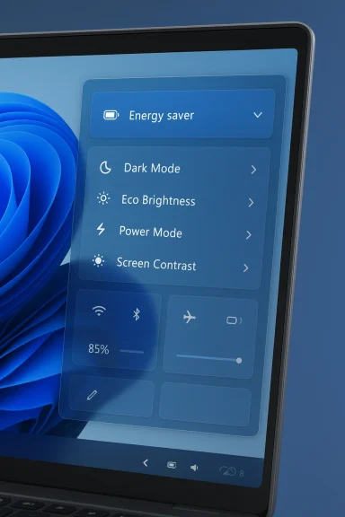 Laptop screen shows a blue settings panel with energy saver, dark mode, and brightness options.