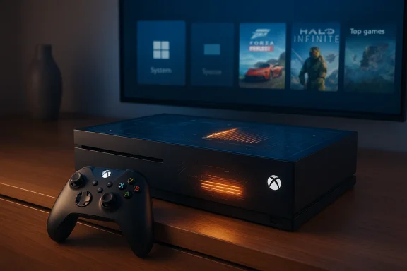 Xbox console with illuminated vent, wireless controller, on a wooden table in front of a TV.