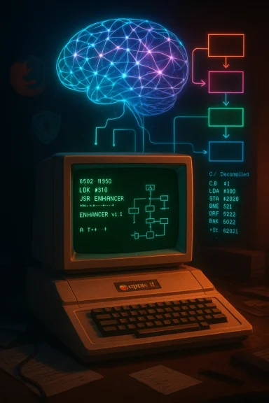 Retro computer with neon brain diagram and green text on screen.