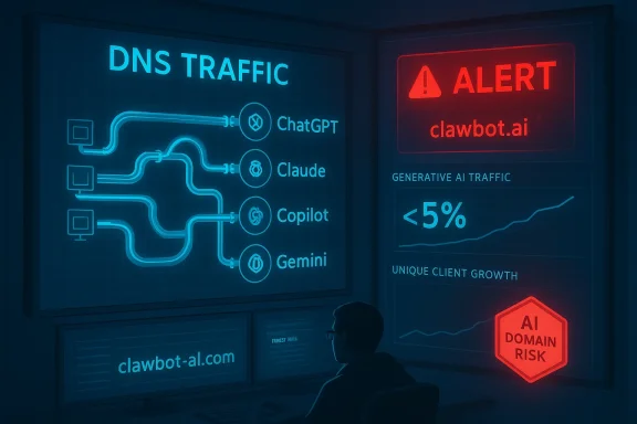 Blue neon screens map DNS traffic for AI assistants and flag an alert on AI domain risk.