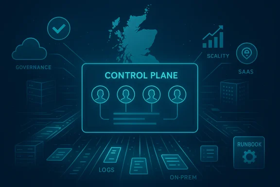 A digital control plane diagram showing governance, scalability, SaaS, logs, and on-prem/cloud integration.