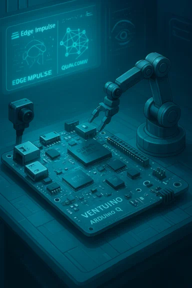 Robotic arm works on a Ventuino Arduino Q board in a high-tech lab.