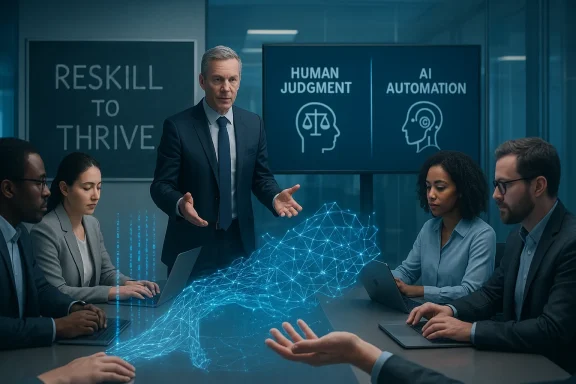 An executive leads a meeting about AI and human judgment as a glowing holographic handshake materializes over the table.