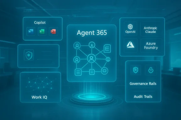 Futuristic holographic dashboard centered on Agent 365 with connected AI tools.
