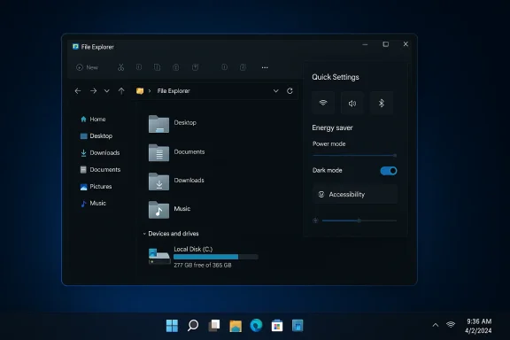 Windows 11 dark-mode File Explorer with Quick Settings panel on the right.
