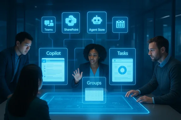 A diverse team collaborates around a glowing holographic interface displaying Copilot, Teams, SharePoint, and Tasks.