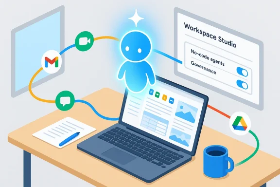 A blue AI assistant coordinates no-code agents across apps on a workspace dashboard.