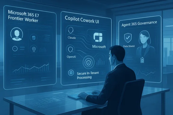 A man in a suit reviews holographic dashboards of Microsoft 365 tools in a futuristic office.