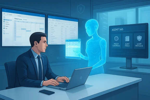 A man in a suit works on a laptop while a blue holographic AI assistant explains data on screens.