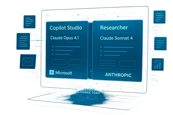 A holographic dashboard showing Copilot Studio and Researcher panels with Claude models and Microsoft/Anthropic.