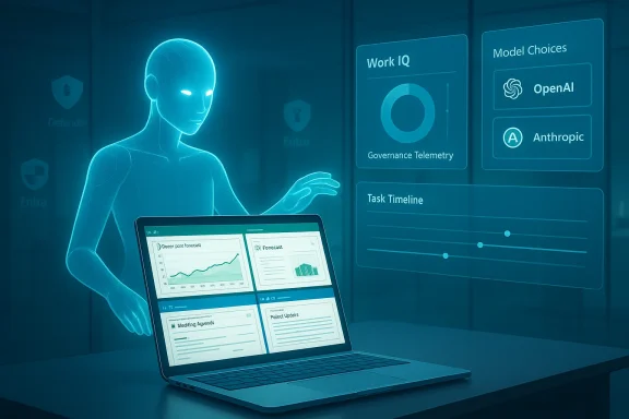 A blue holographic AI figure gestures toward a laptop displaying dashboards.