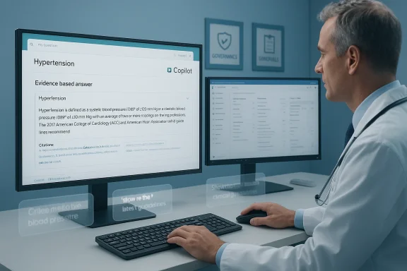 A clinician reviews hypertension guidelines on a computer screen with Copilot AI assistance.