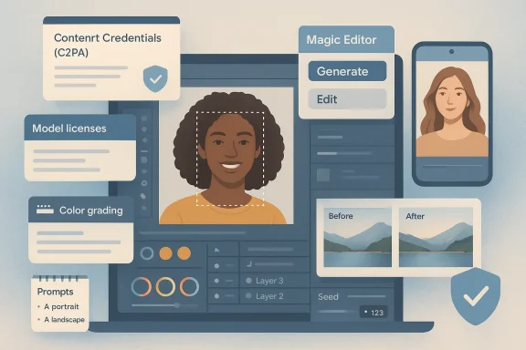A stylized interface for AI portrait editing with licenses, prompts, and before/after previews.