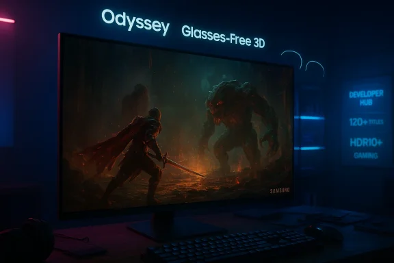 Swordsman fights a monstrous foe in a fiery cave on a Samsung display advertising Odyssey Glasses-Free 3D.