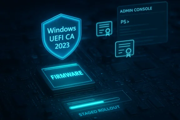 Futuristic blue holographic UI showing Windows UEFI CA 2023 shield with firmware chip and staged rollout.