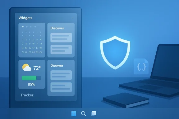 Blue UI dashboard with widgets, weather, and a security shield beside a laptop.