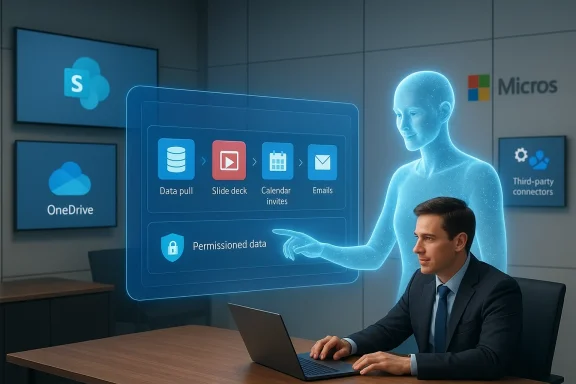 A businessman uses a holographic data workflow panel in a Microsoft-themed office.