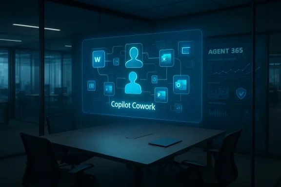 Blue holographic display in a glass-walled conference room shows 'Copilot Cowork' with connected avatars and icons.