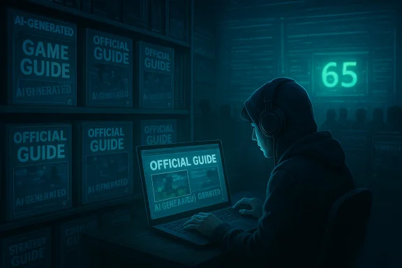 A hooded figure with headphones works on a laptop amid AI-generated “Official Guide” boxes.