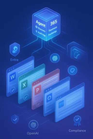 Blue isometric illustration of Agent 365 linking governance tools, Entra, OpenAI, and Office apps.