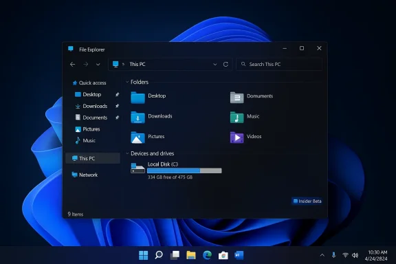 Dark Windows 11 File Explorer showing This PC with folders and a local disk on a blue wallpaper.
