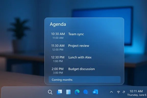 Translucent blue agenda overlay on a laptop screen, listing scheduled meetings.