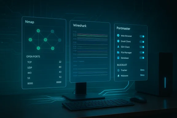 Futuristic desk with holographic panels displaying Nmap, Wireshark, and Portmaster network data.