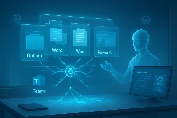 A holographic dashboard displays Outlook, Word, PowerPoint, and Teams.