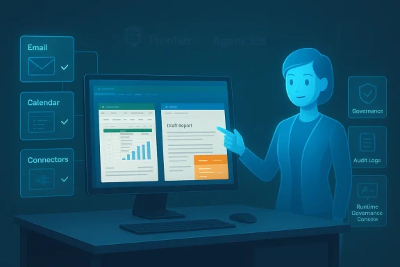 A person points to a monitor showing charts and a draft report in a blue, high-tech dashboard.
