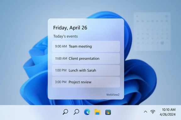 Windows desktop calendar widget showing Friday, April 26 and today’s events.