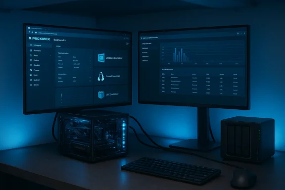 Dual-monitor server setup with Proxmox dashboards, a transparent PC case, and blue lighting.
