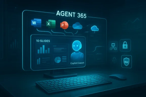 Futuristic desktop displays Agent 365 interface with Office icons, clouds, and a robotic avatar.