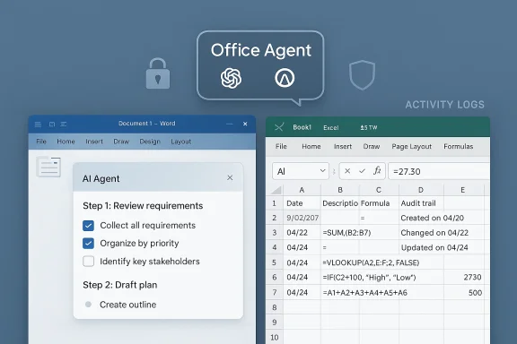 Office Agent UI showing an AI assistant guiding tasks in Word and Excel workbooks.