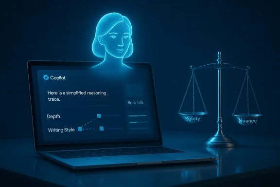 A glowing holographic figure hovers above a laptop screen showing Copilot, beside a scale labeled Safety and Nuance.