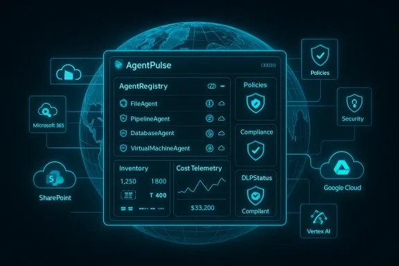 Futuristic AgentPulse dashboard showing agent registry, policies, and cloud security metrics.