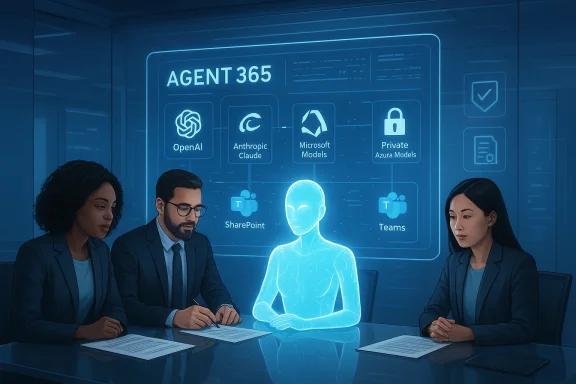 Three professionals in a futuristic meeting view a holographic AI agent projection labeled AGENT365.