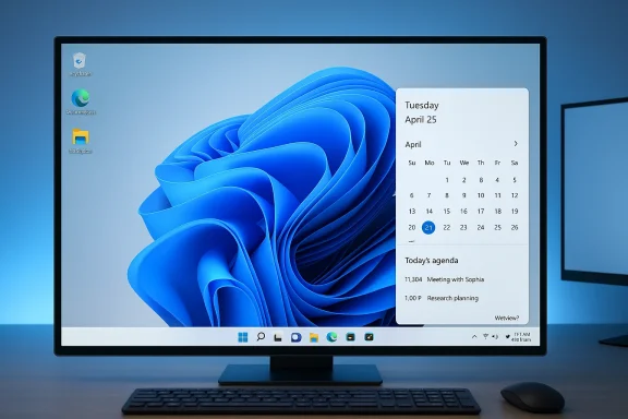 A Windows desktop with a calendar widget on a blue abstract wallpaper.