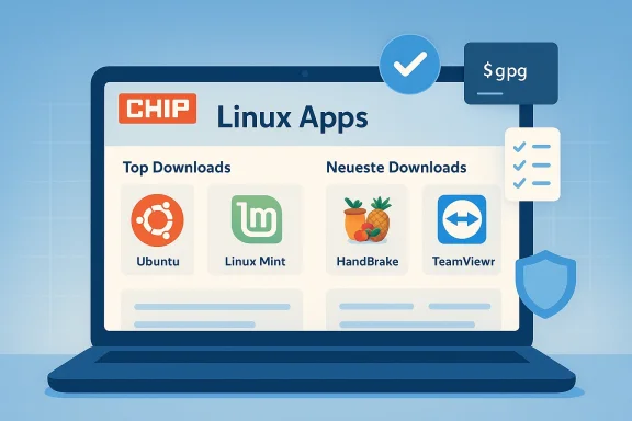 CHIP Linux Apps page showing Top and Newest downloads: Ubuntu, Linux Mint, HandBrake, TeamViewer.