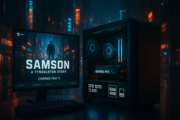 Neon-lit gaming setup with a PC tower and monitor displaying “SAMSON: A TYNDALSTON STORY.”