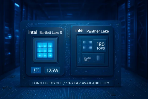 Blue-toned Intel chips on a circuit board: Bartlett Lake S and Panther Lake with 180 TOPS.