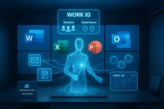 A futuristic holographic AI assistant in a high-tech control room with Microsoft 365 icons.